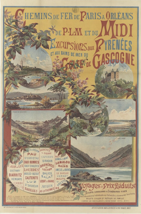 Affiches des chemins de fer pour les excursions aux Pyrénées et aux bains de mer du golfe de Gascogne, par Eugène Bourgeois. 1890