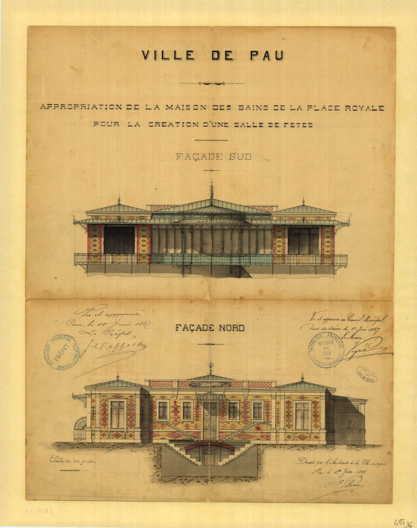 L’image représente la façade sud et nord de la Maison des Bains pour la création d'une salle des fêtes
