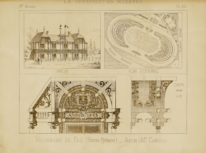 L’image représente les plans de l’architecte Cargill pour le vélodrome de Pau, paru dans le journal La Construction moderne